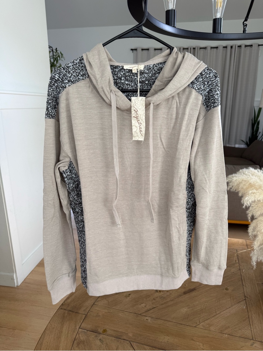 Mystree Beige Hoodie with Heathered Gray Accents